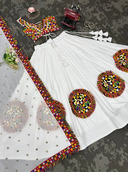 White Multi Thread Gamthi Patch Work Rayon Navratri Lehenga Choli