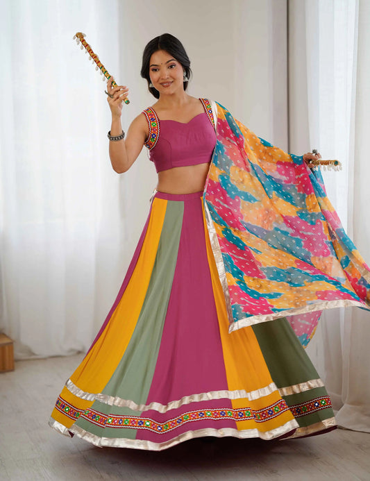 Multi Color Rayon Navratri Lehenga With Gamthi Thread And Mirror Work