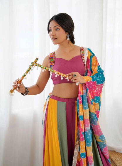 Multi Color Rayon Navratri Lehenga With Gamthi Thread And Mirror Work