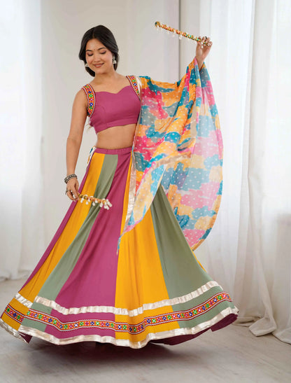 Multi Color Rayon Navratri Lehenga With Gamthi Thread And Mirror Work