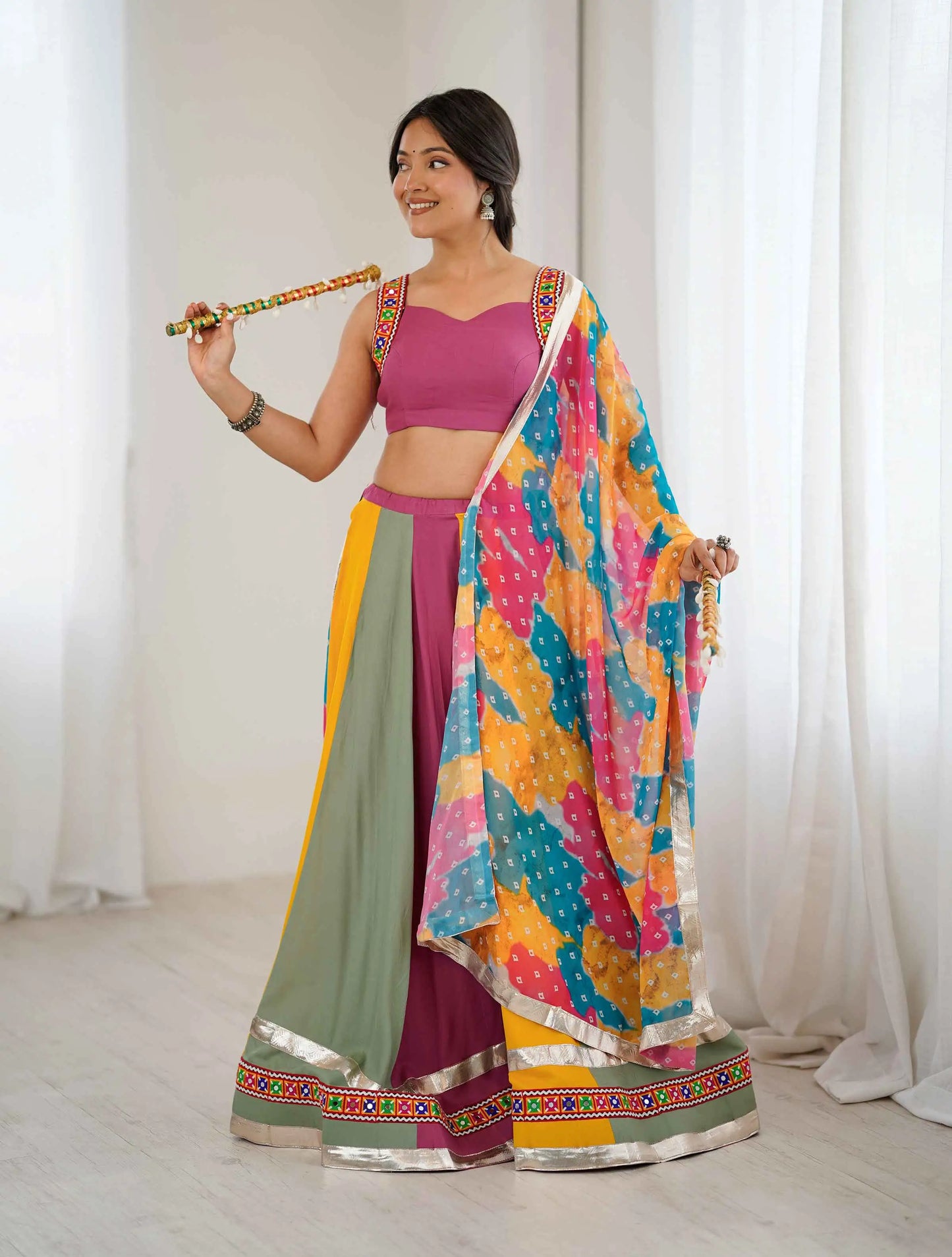 Multi Color Rayon Navratri Lehenga With Gamthi Thread And Mirror Work