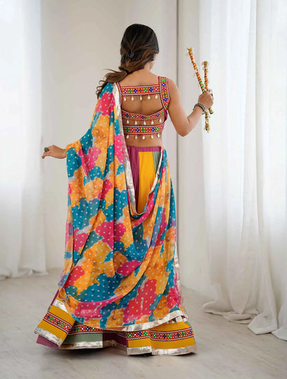 Multi Color Rayon Navratri Lehenga With Gamthi Thread And Mirror Work