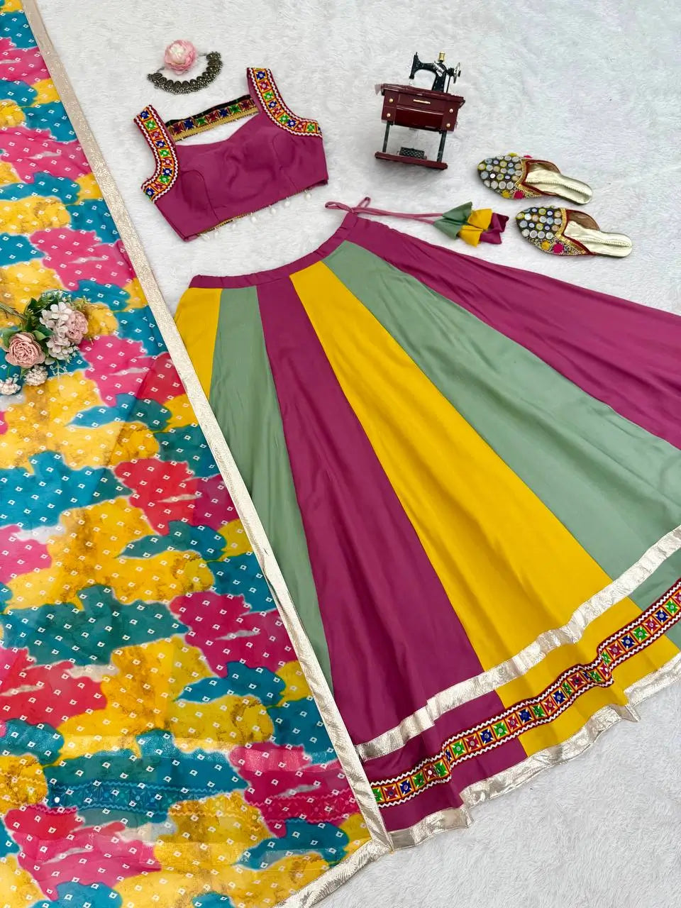 Multi Color Rayon Navratri Lehenga With Gamthi Thread And Mirror Work