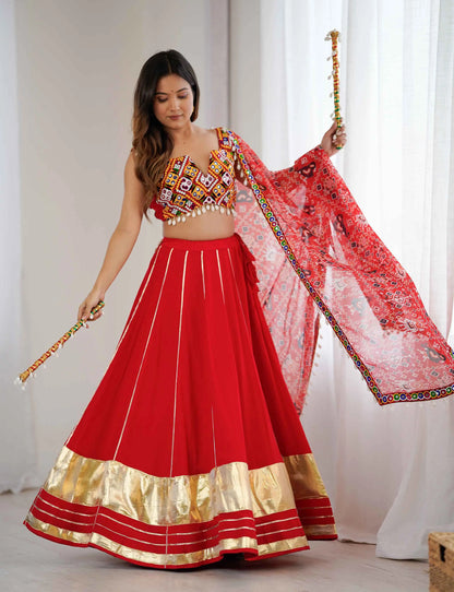 Red Rayon Navratri Lehenga With Gamthi And Mirror Work