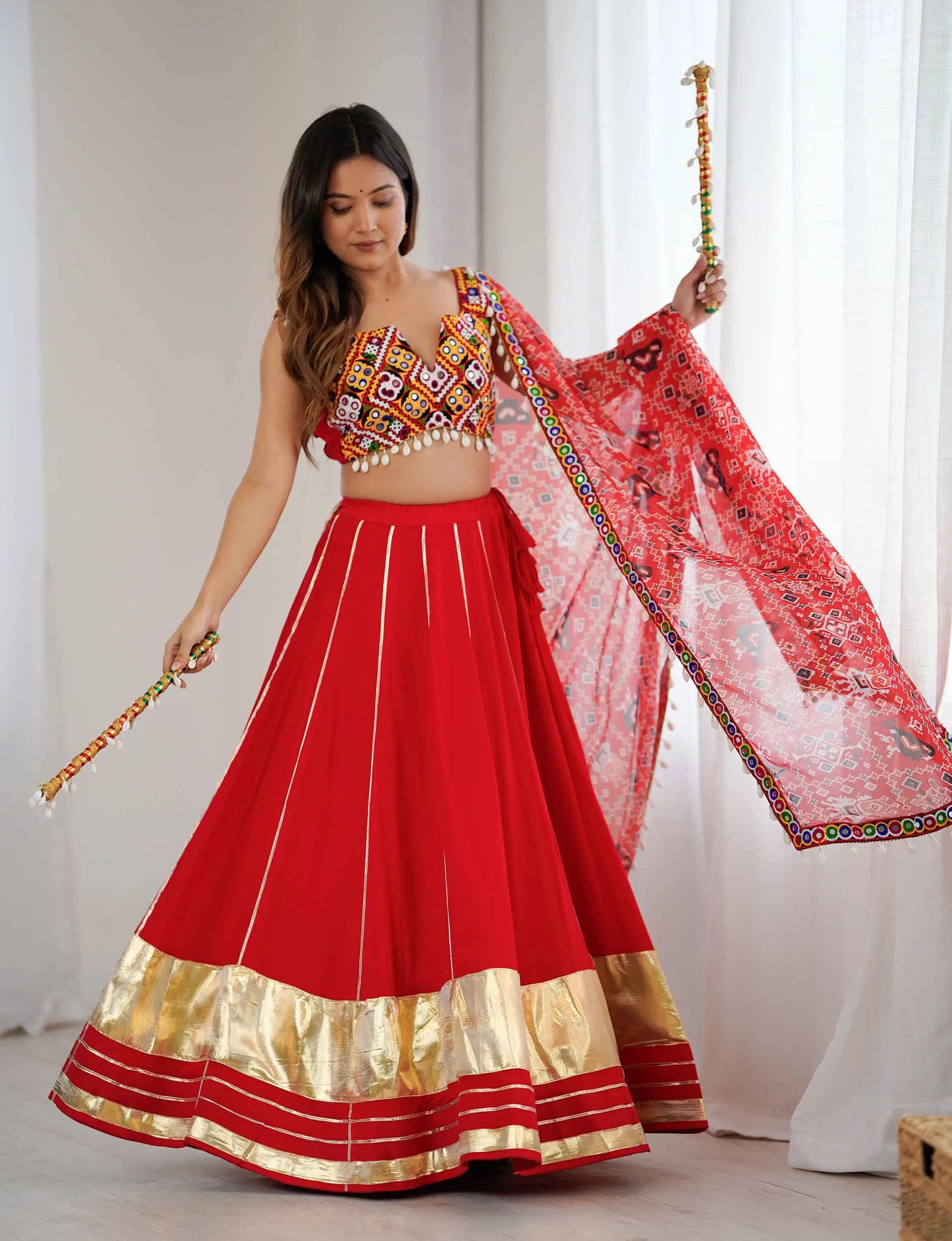 Red Rayon Navratri Lehenga With Gamthi And Mirror Work