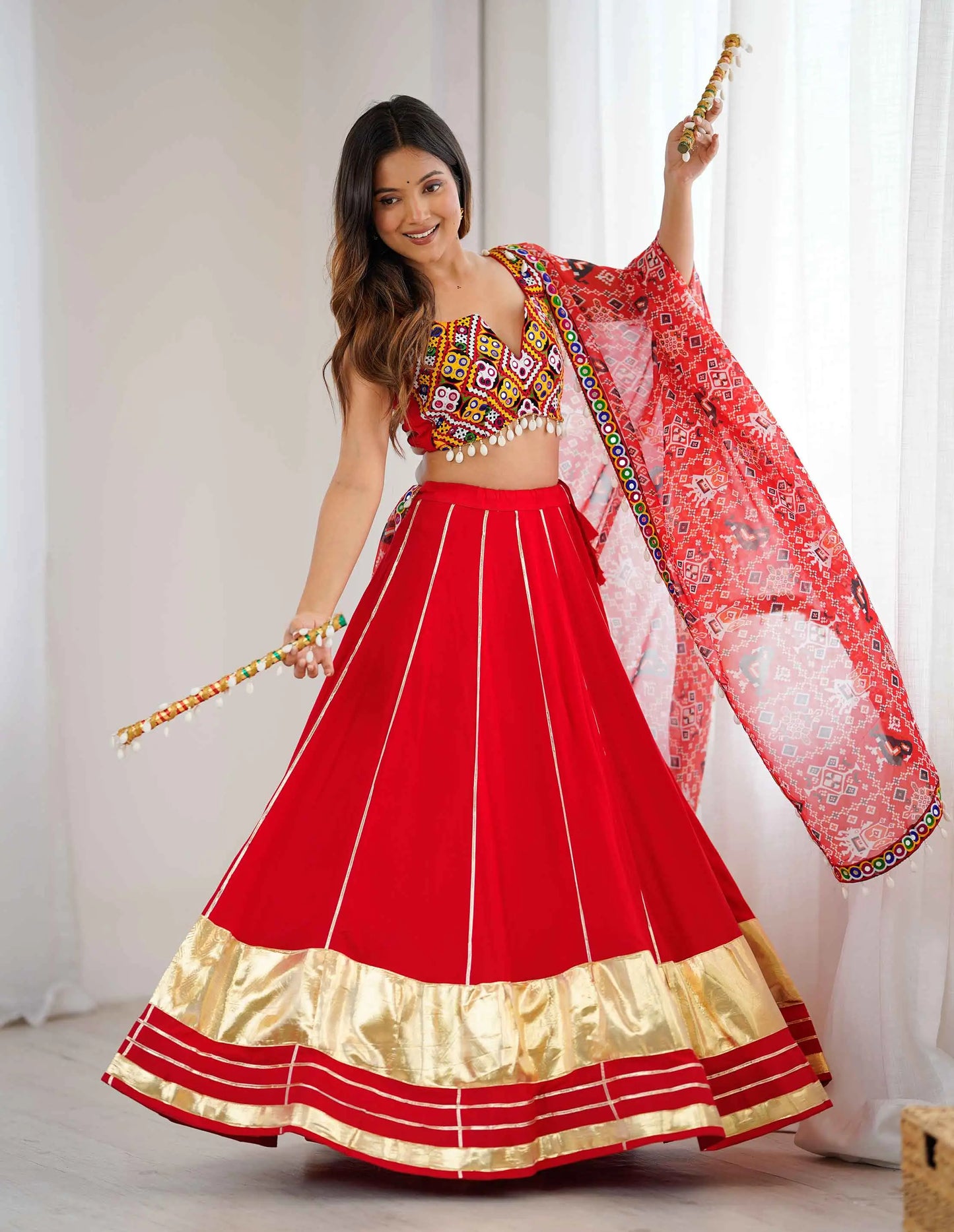 Red Rayon Navratri Lehenga With Gamthi And Mirror Work