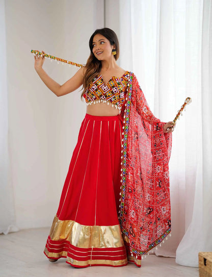 Red Rayon Navratri Lehenga With Gamthi And Mirror Work