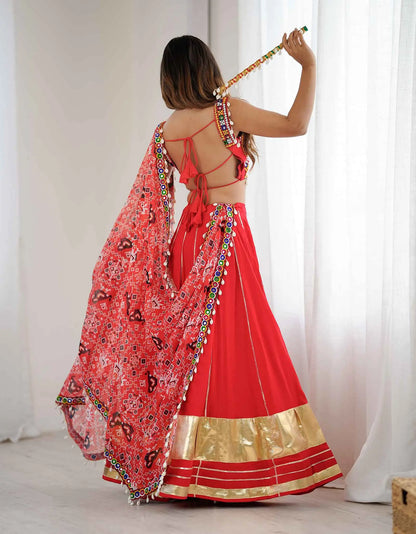 Red Rayon Navratri Lehenga With Gamthi And Mirror Work