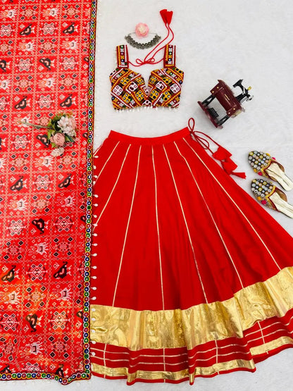 Red Rayon Navratri Lehenga With Gamthi And Mirror Work