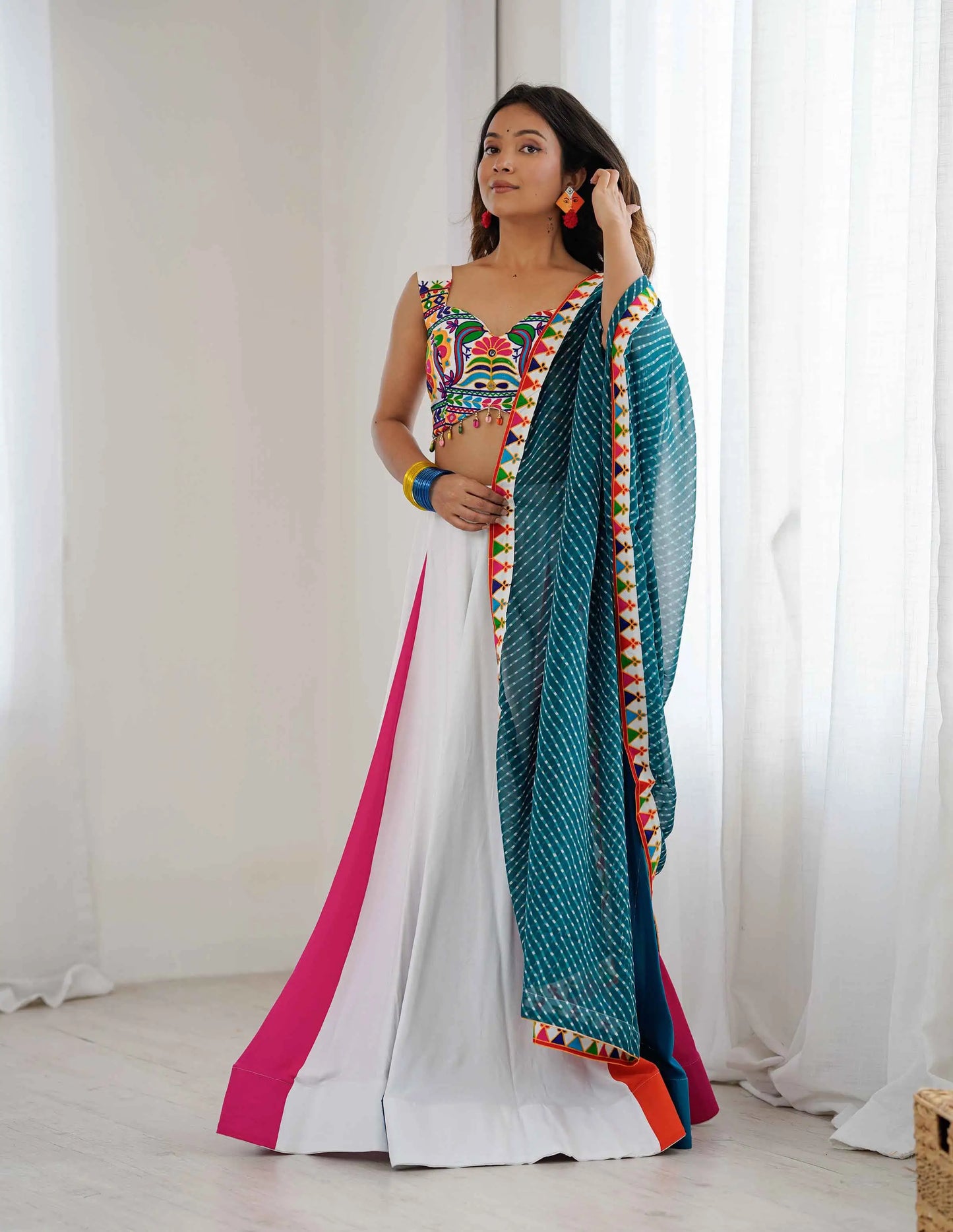 Multi-Color Rayon Navratri Lehenga With Thread & Mirror Work