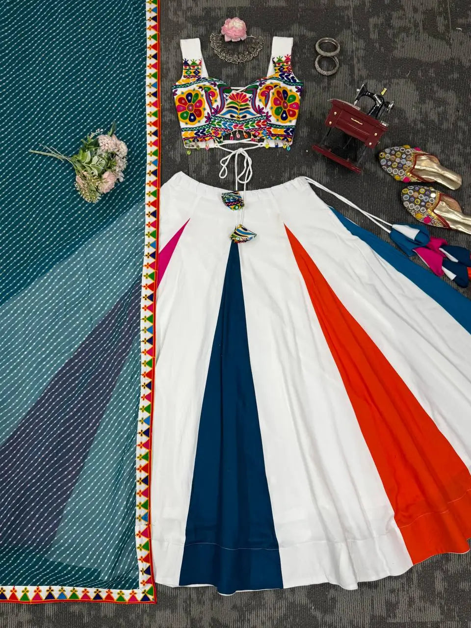 Multi-Color Rayon Navratri Lehenga With Thread & Mirror Work