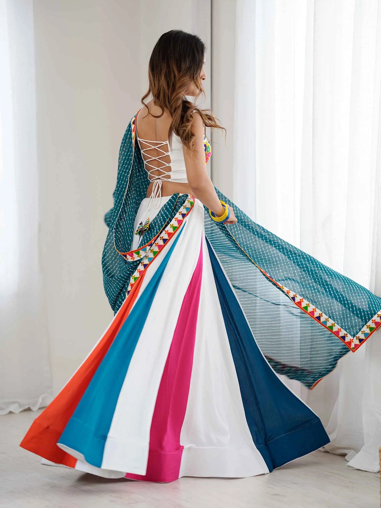 Multi-Color Rayon Navratri Lehenga With Thread & Mirror Work