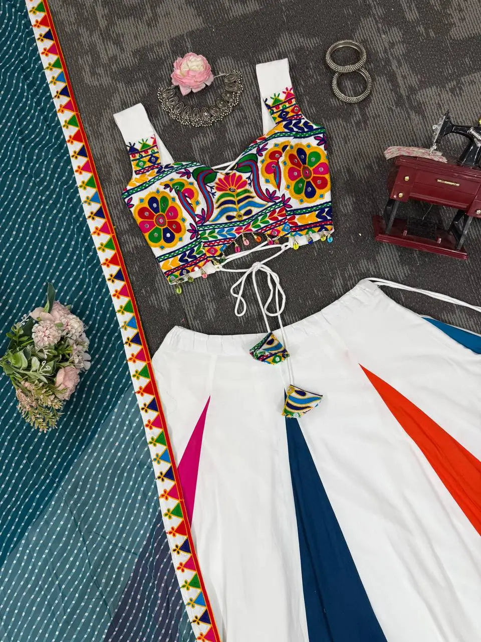 Multi-Color Rayon Navratri Lehenga With Thread & Mirror Work