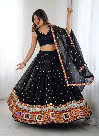 Black Georgette Navratri Lehenga With Sequins Gamthi & Mirror Work