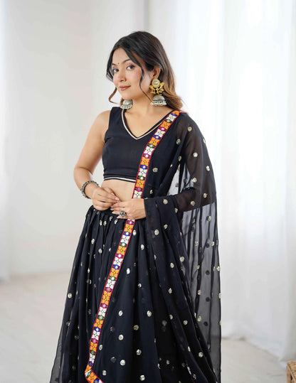 Black Georgette Navratri Lehenga With Sequins Gamthi & Mirror Work