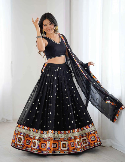 Black Georgette Navratri Lehenga With Sequins Gamthi & Mirror Work