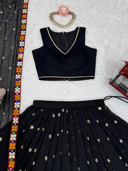 Black Georgette Navratri Lehenga With Sequins Gamthi & Mirror Work