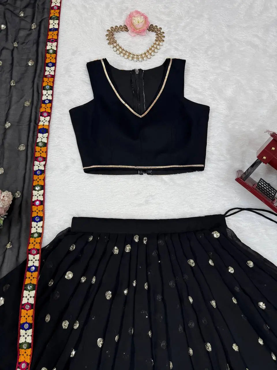 Black Georgette Navratri Lehenga With Sequins Gamthi & Mirror Work