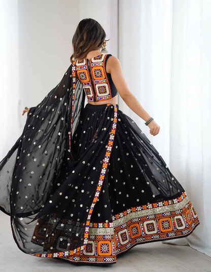 Black Georgette Navratri Lehenga With Sequins Gamthi & Mirror Work