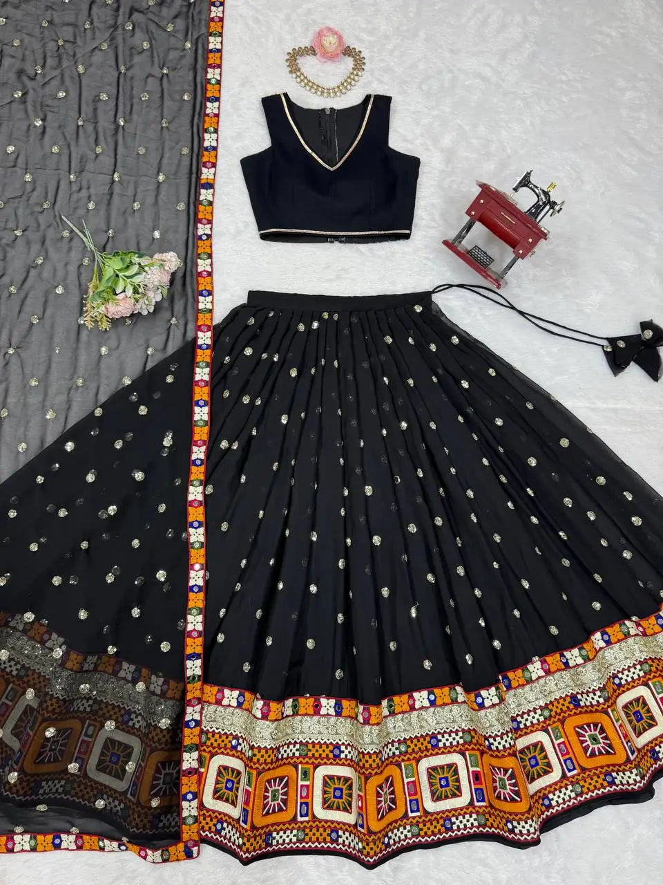 Black Georgette Navratri Lehenga With Sequins Gamthi & Mirror Work