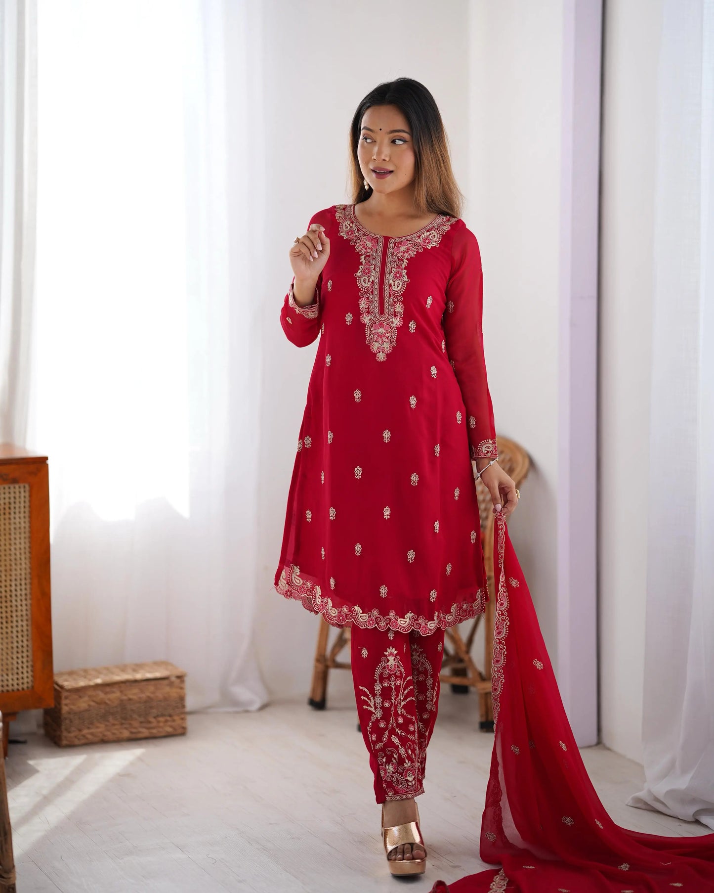 Claret Red Thread Embroidery Work Salwar Suit With Dupatta