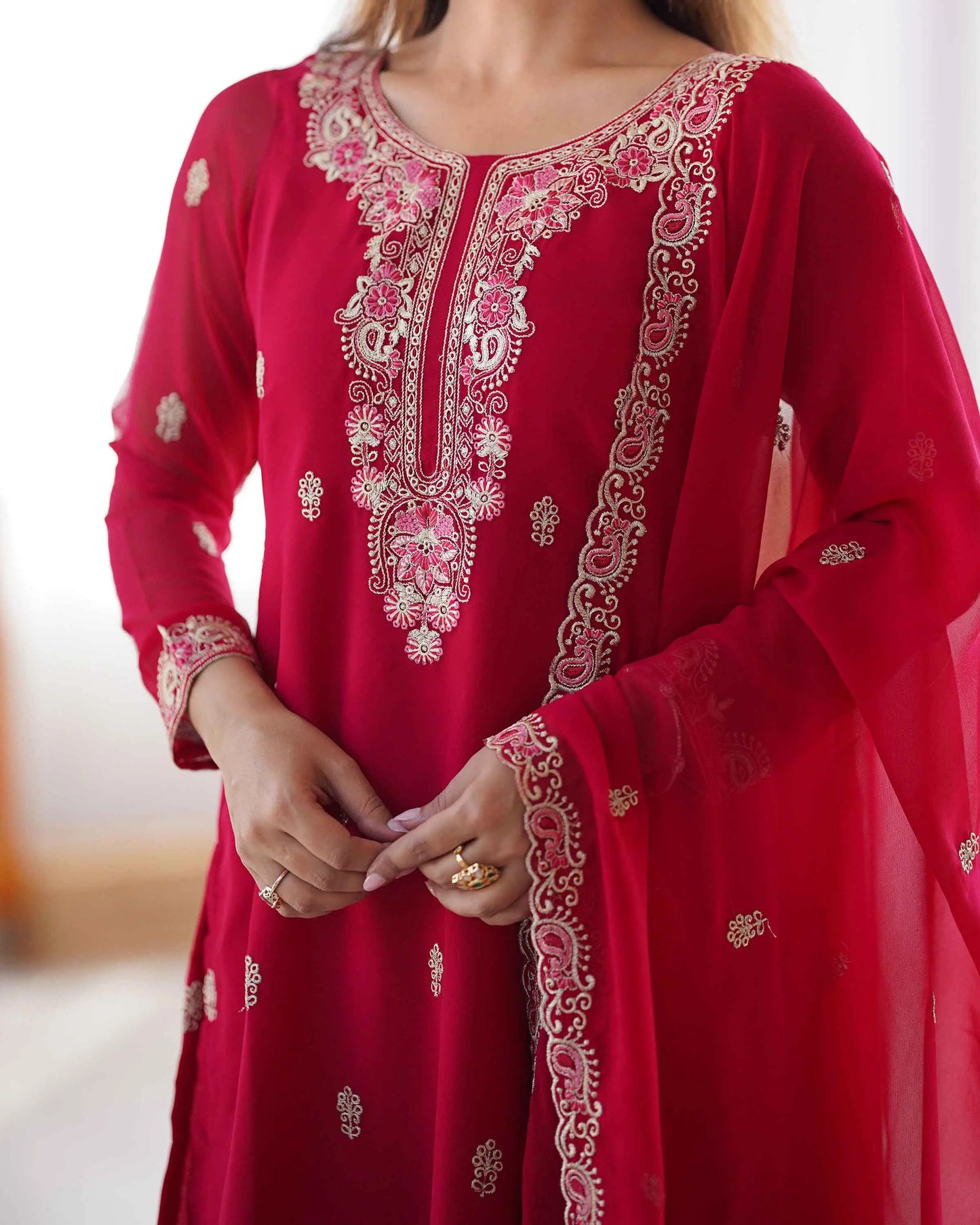 Claret Red Thread Embroidery Work Salwar Suit With Dupatta