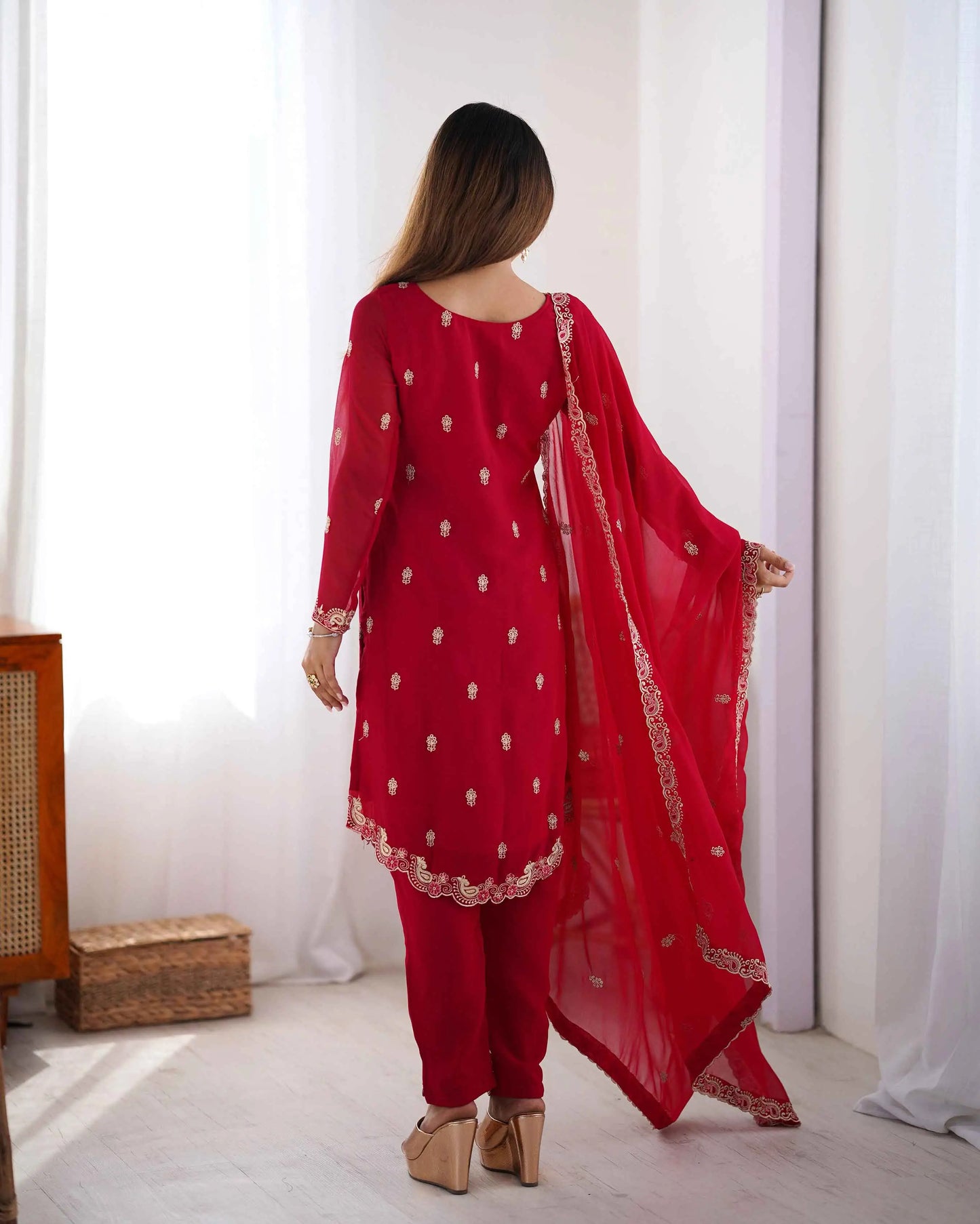 Claret Red Thread Embroidery Work Salwar Suit With Dupatta
