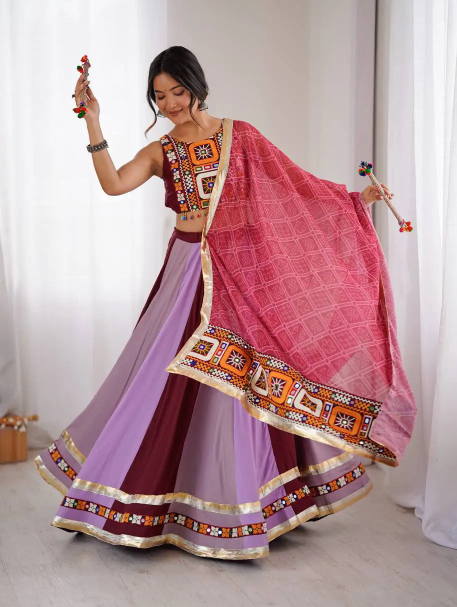 Pastel Multi Color Gamthi & Mirror Work Navratri Lehenga