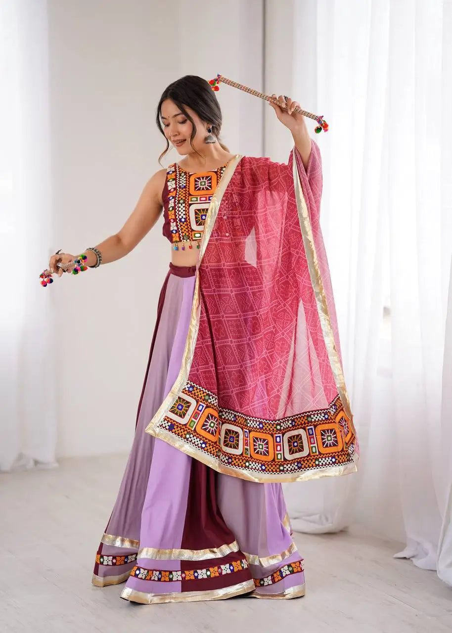 Pastel Multi Color Gamthi & Mirror Work Navratri Lehenga