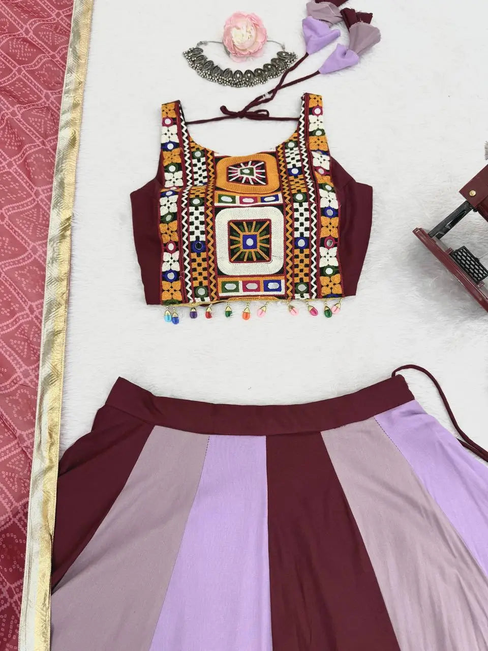 Pastel Multi Color Gamthi & Mirror Work Navratri Lehenga