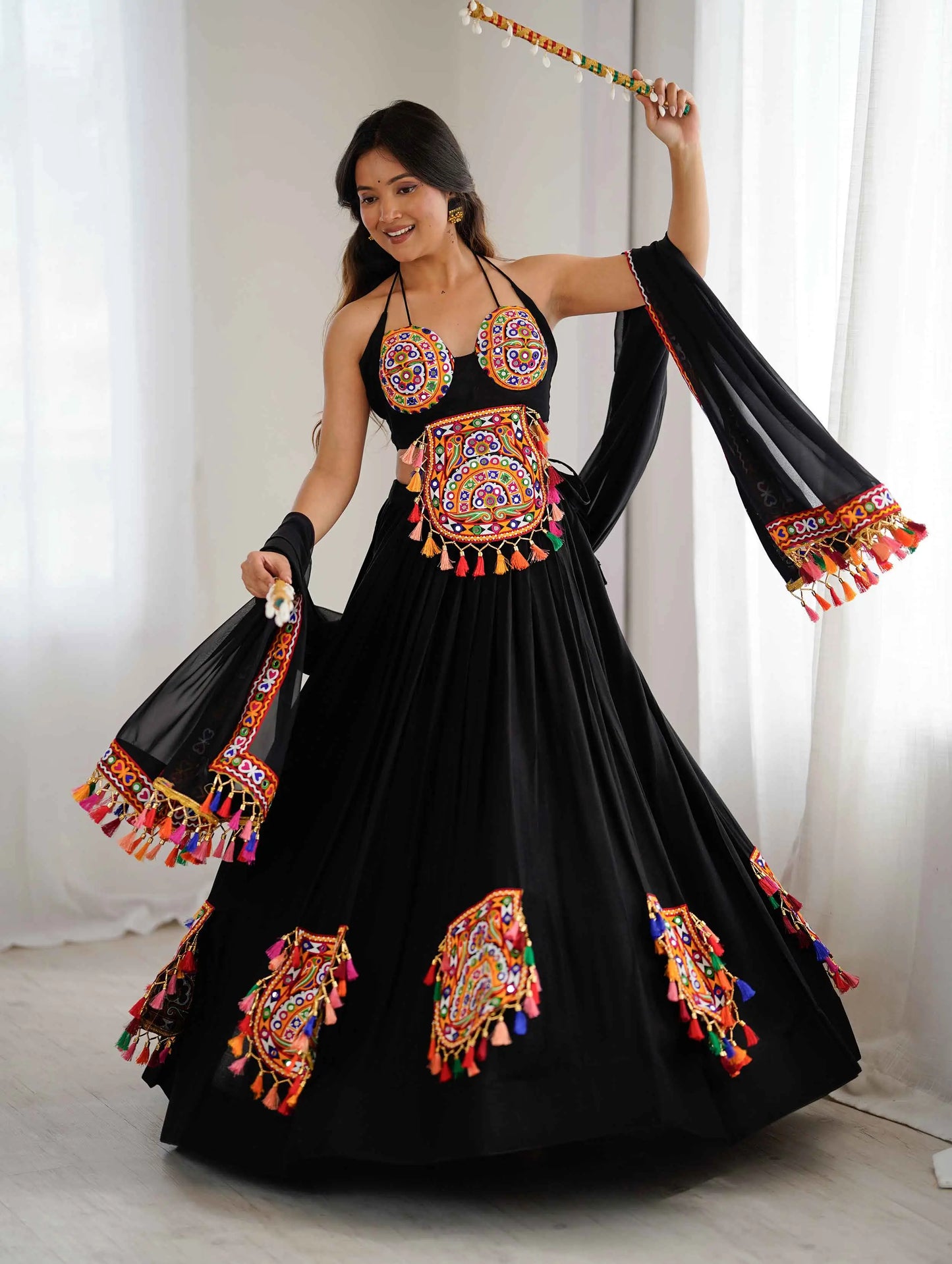 Black Designer Navratri Lehenga With Gamthi & Mirror Work
