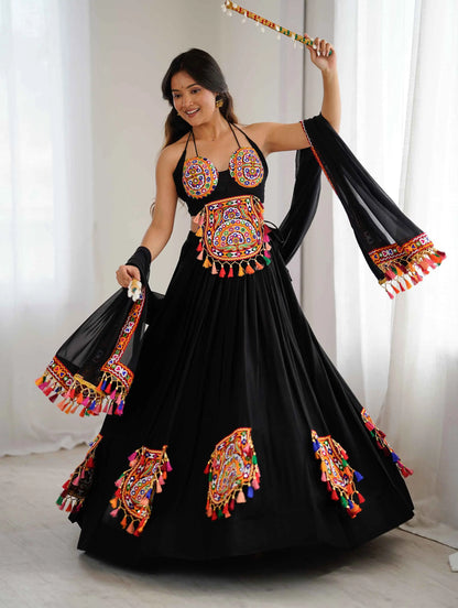 Black Designer Navratri Lehenga With Gamthi & Mirror Work