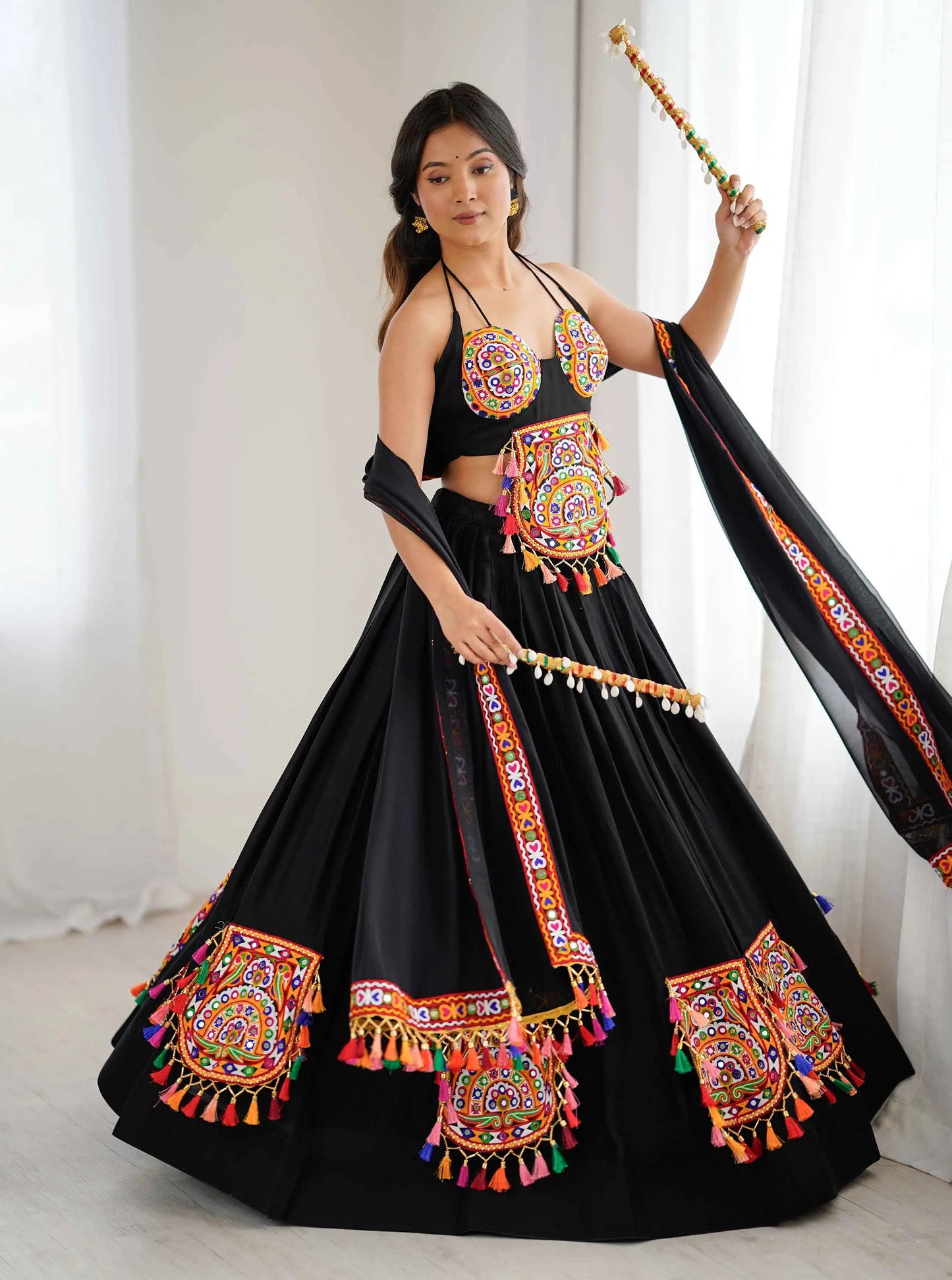 Black Designer Navratri Lehenga With Gamthi & Mirror Work