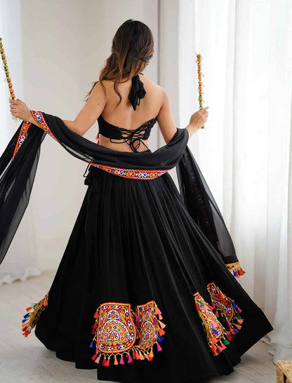 Black Designer Navratri Lehenga With Gamthi & Mirror Work