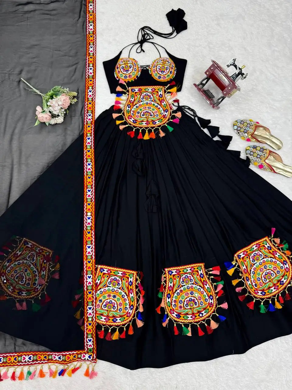 Black Designer Navratri Lehenga With Gamthi & Mirror Work