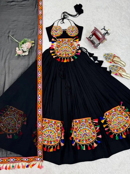 Black Designer Navratri Lehenga With Gamthi & Mirror Work