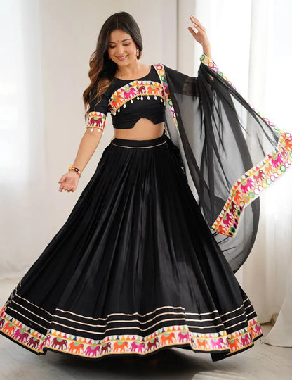 Black Rayon Navratri Lehenga With Gamthi & Mirror Work