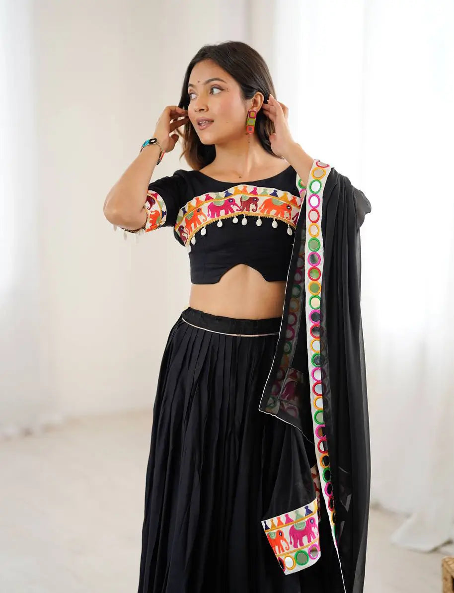 Black Rayon Navratri Lehenga With Gamthi & Mirror Work