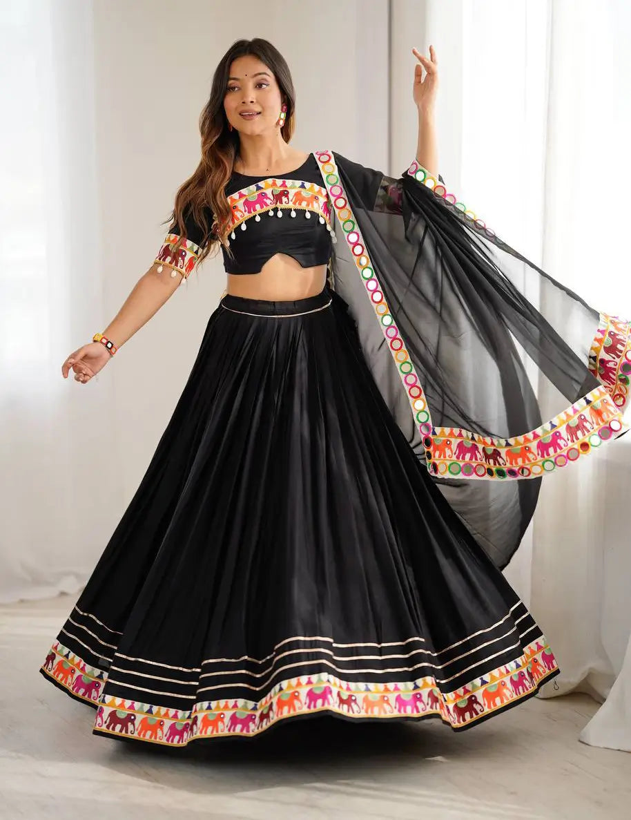 Black Rayon Navratri Lehenga With Gamthi & Mirror Work