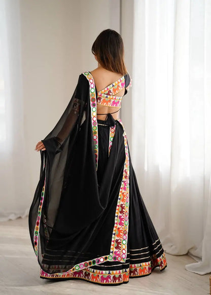 Black Rayon Navratri Lehenga With Gamthi & Mirror Work