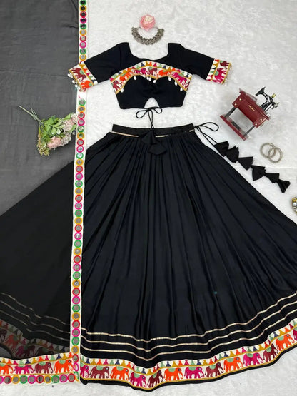 Black Rayon Navratri Lehenga With Gamthi & Mirror Work