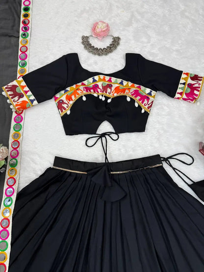 Black Rayon Navratri Lehenga With Gamthi & Mirror Work