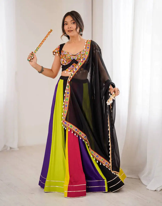 Multi Color Navratri Lehenga With Gamthi & Mirror Work