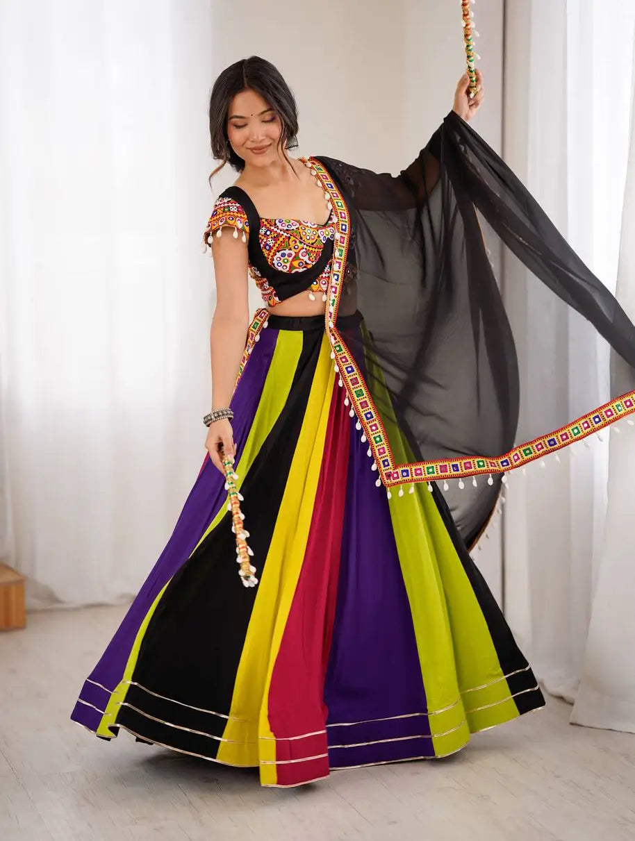 Multi Color Navratri Lehenga With Gamthi & Mirror Work