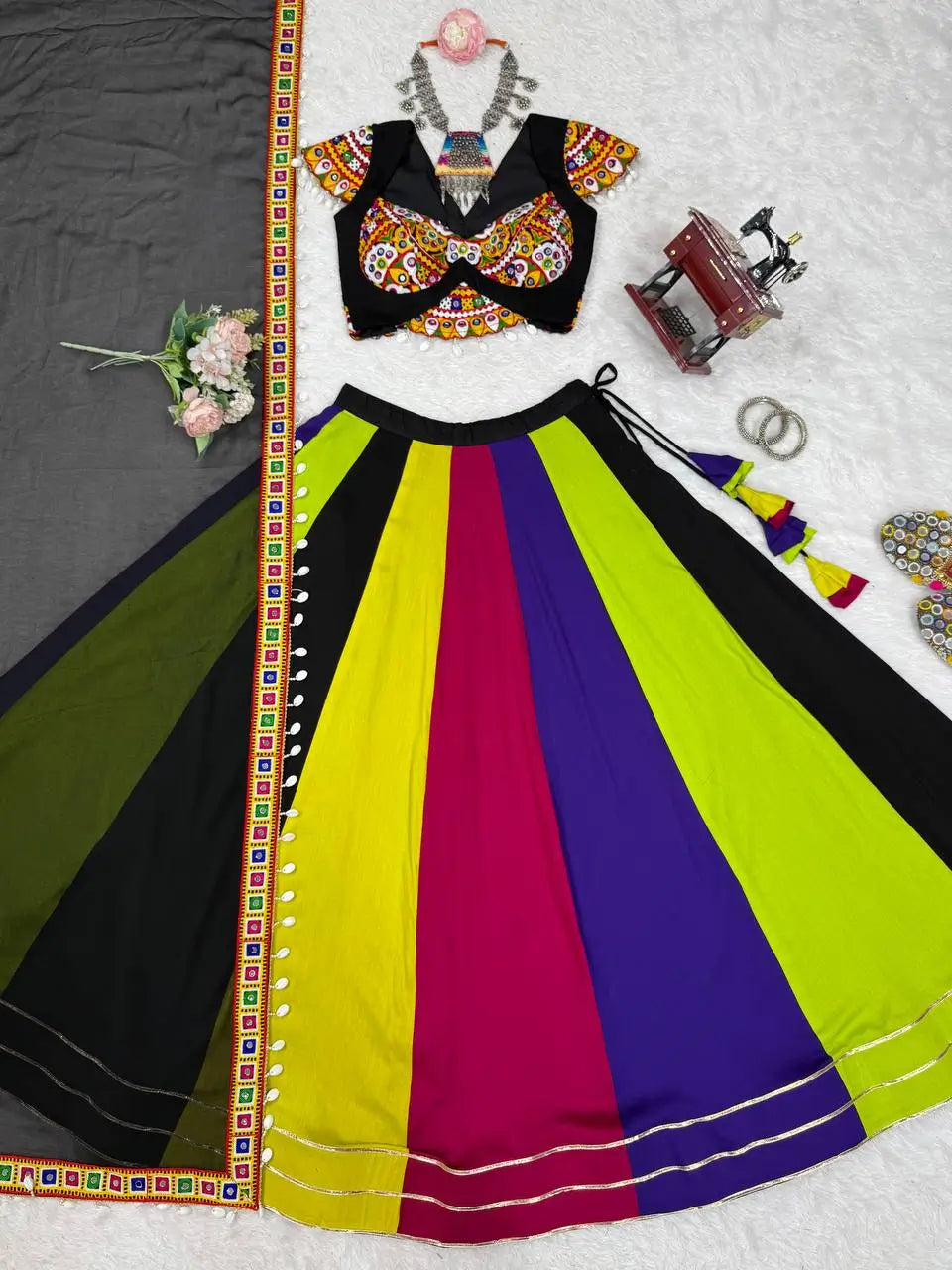 Multi Color Navratri Lehenga With Gamthi & Mirror Work