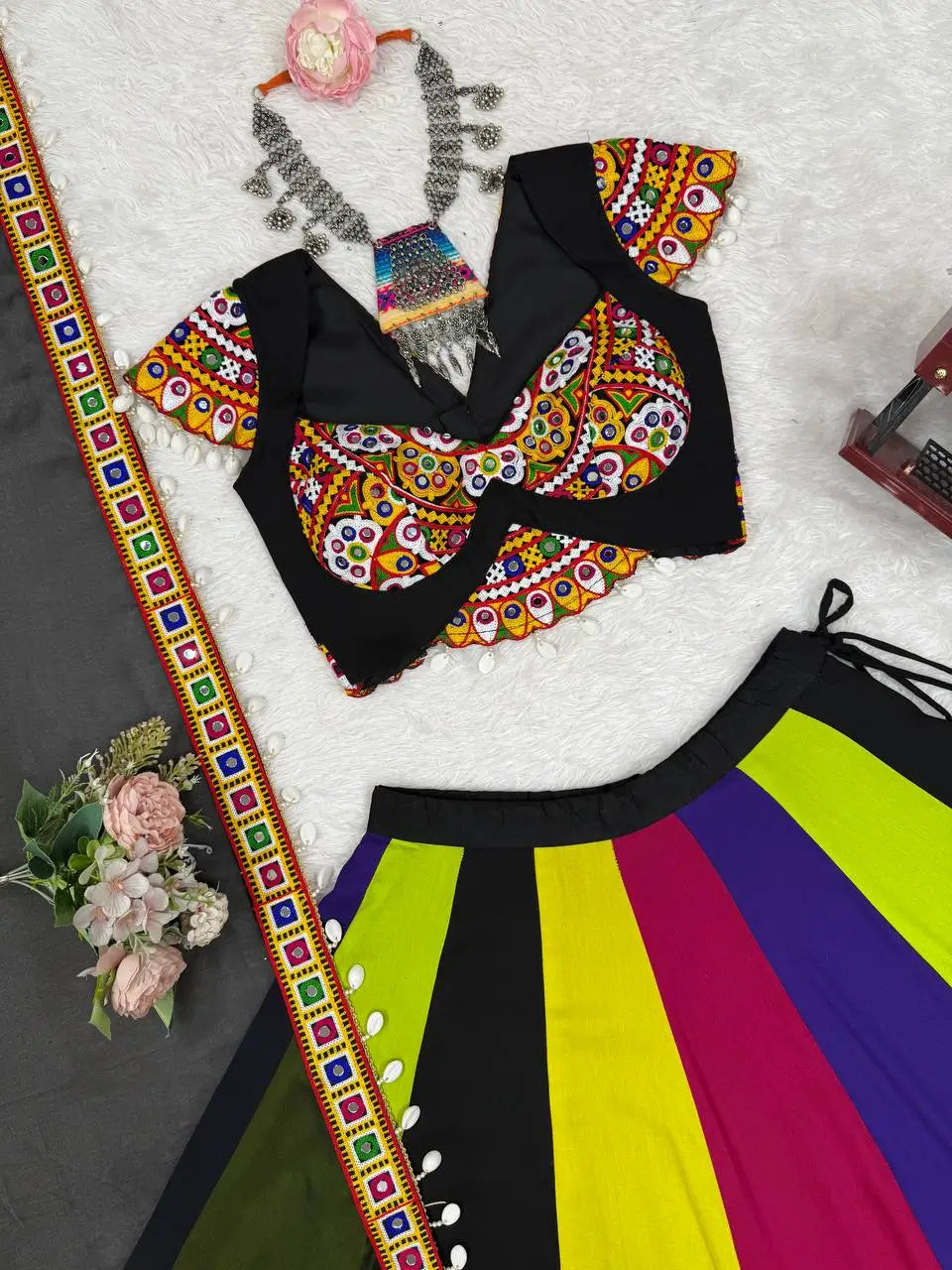 Multi Color Navratri Lehenga With Gamthi & Mirror Work