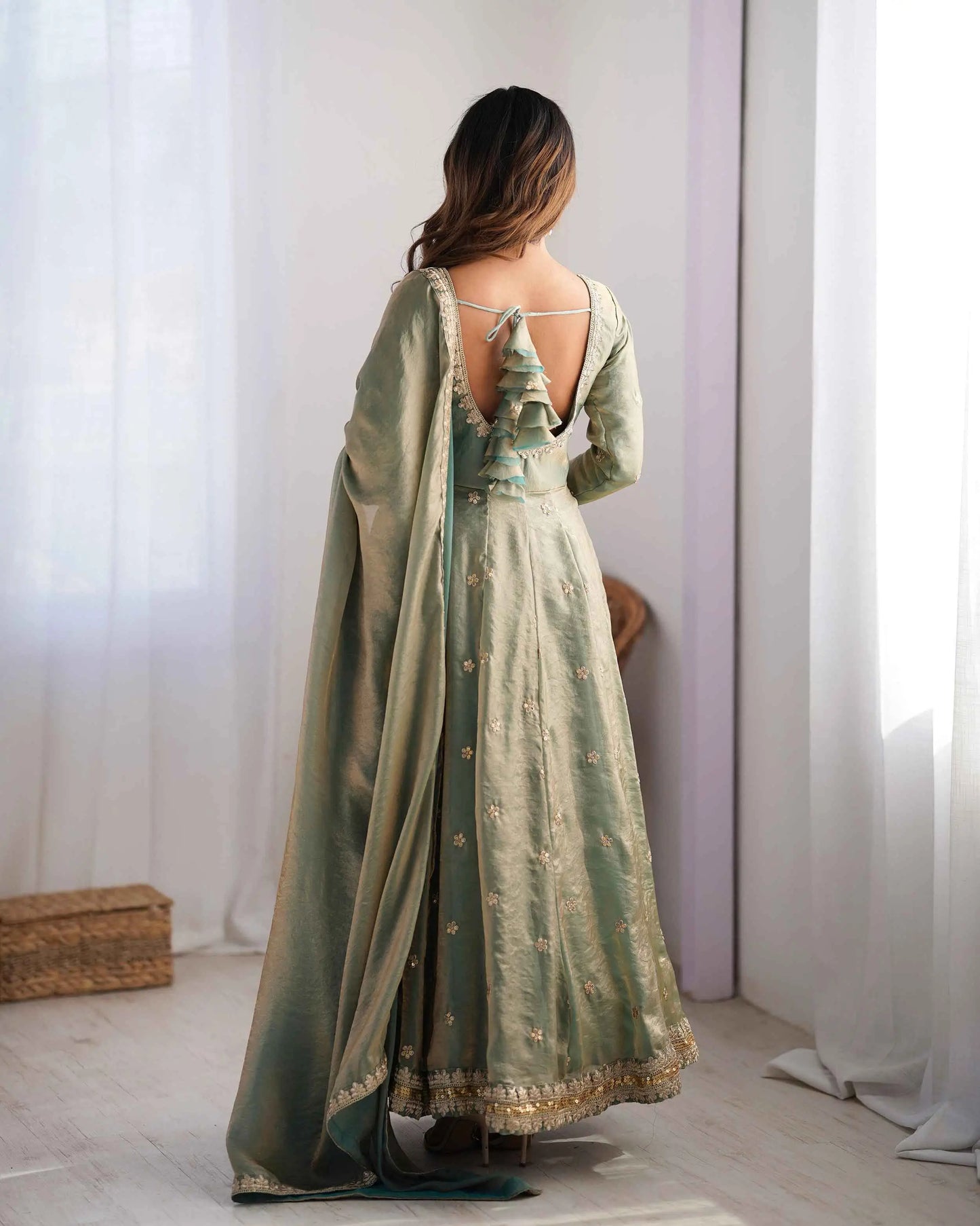 Designer Shiny Olive Green Cording Sequins Embroidery Work Gown With Dupatta