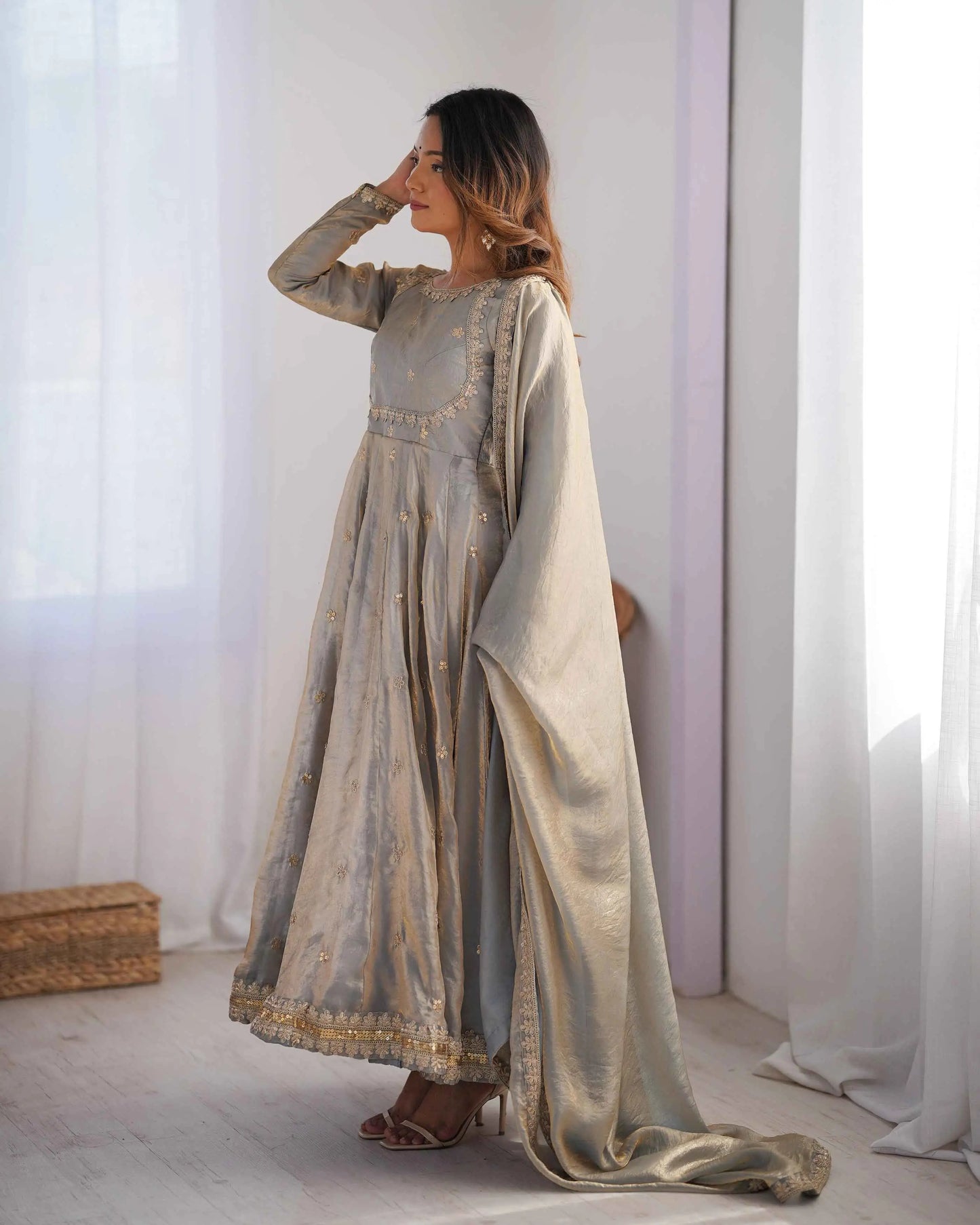 Silver Grey Cording Sequins Embroidery Work Designer Gown With Dupatta