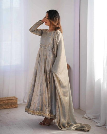 Silver Grey Cording Sequins Embroidery Work Designer Gown With Dupatta