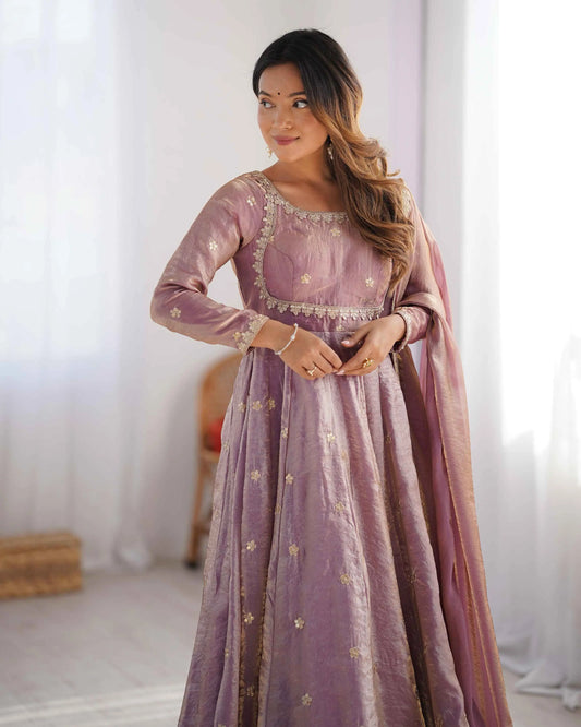 Shiny Rosy Pink Cording Sequins Embroidery Work Designer Gown With Dupatta